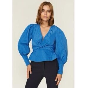 NEW $398 Veronica Beard Seema Top Bluebell Blue Twist Front Puff-Sleeve Women 6